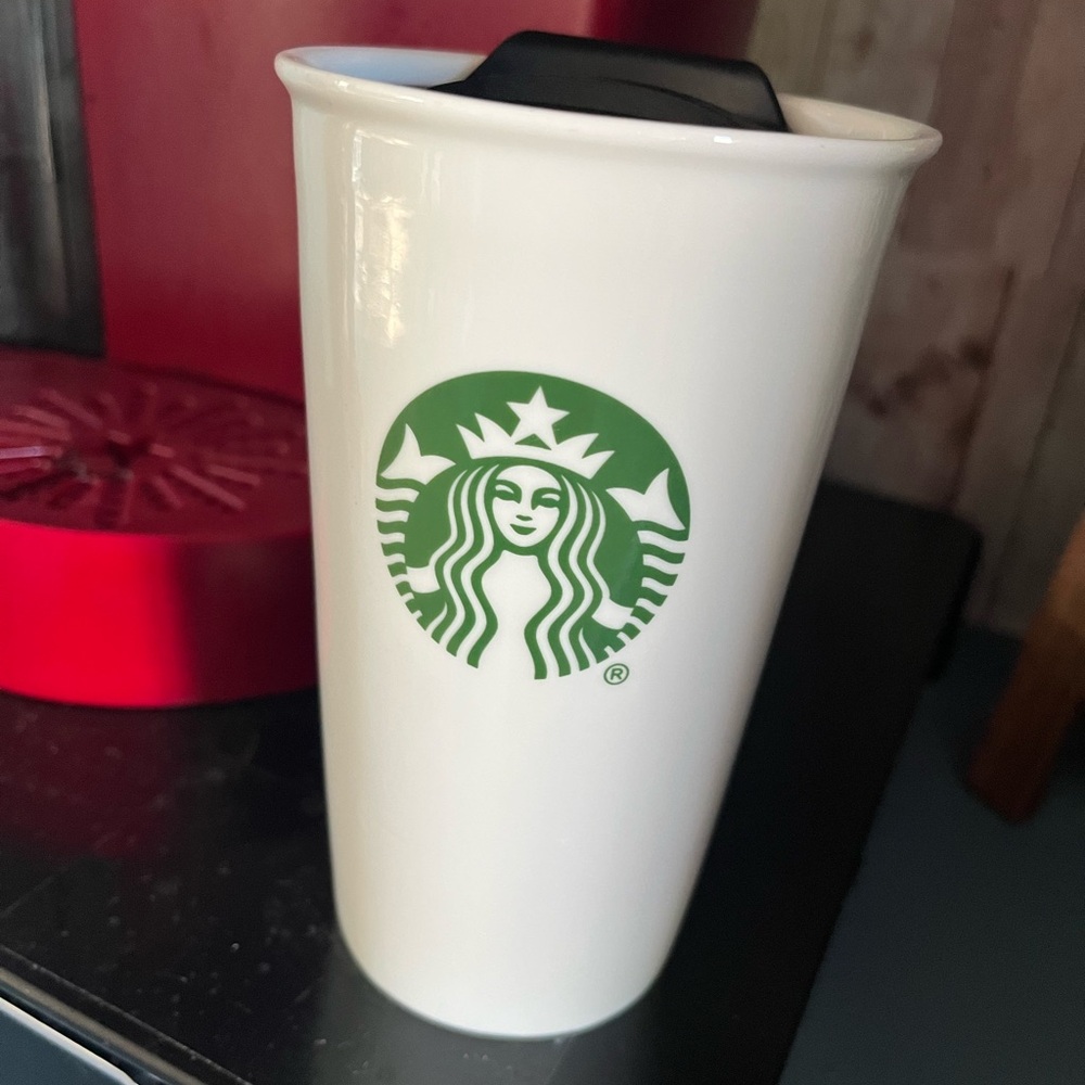 Starbucks Green Mermaid Siren Logo Ceramic Travel Mug 10 oz, White Tumbler W/Lid